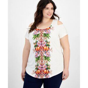 NEW JM Collection Womens Plus 3X Floral Cold Shoulder Tunic Top‎ Stretch Shirt